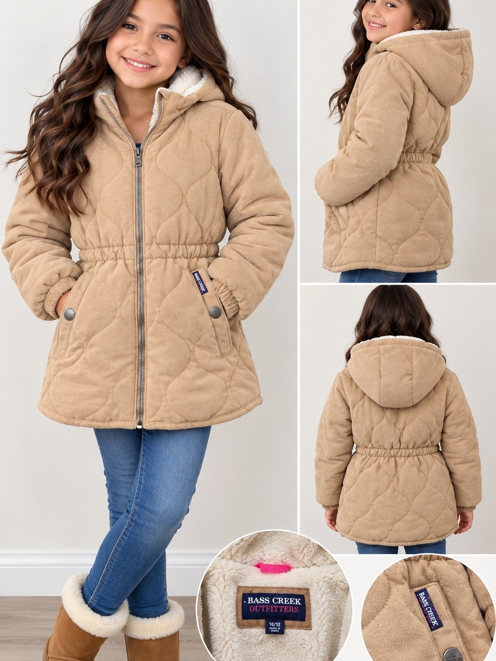 Girls' Tan Quilted Hooded Coat